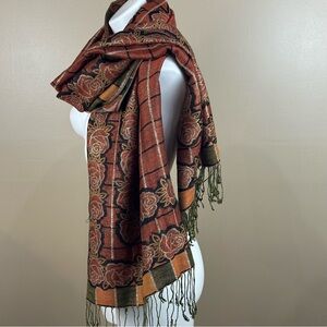 Pashmina & Silk Floral Patterned Scarf with Fringe Old Money Chic Classic